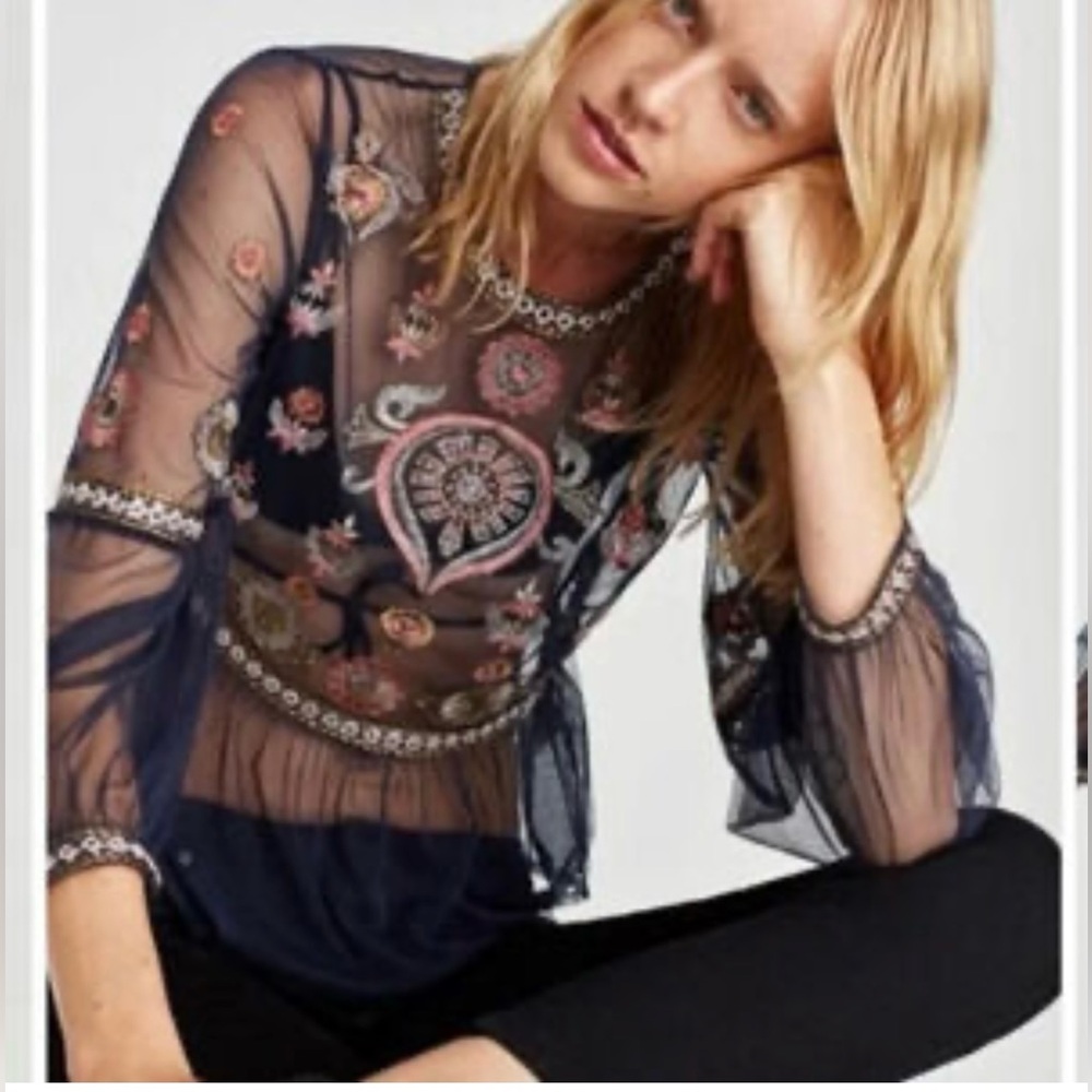 Embroidered Sheer Navy Top ZARA -XS